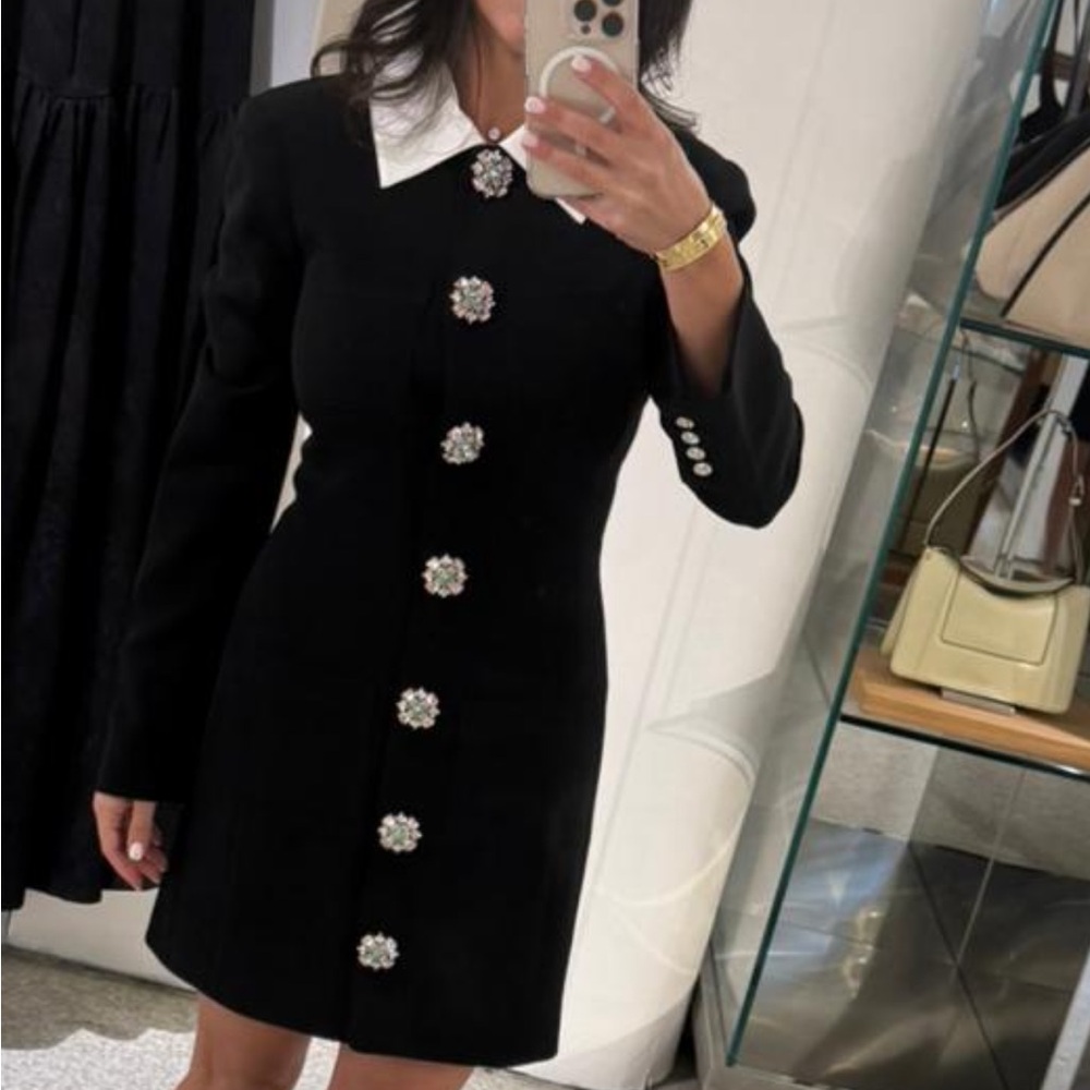 Cinq à Sept Black Dress with White Collar and Floral Buttons